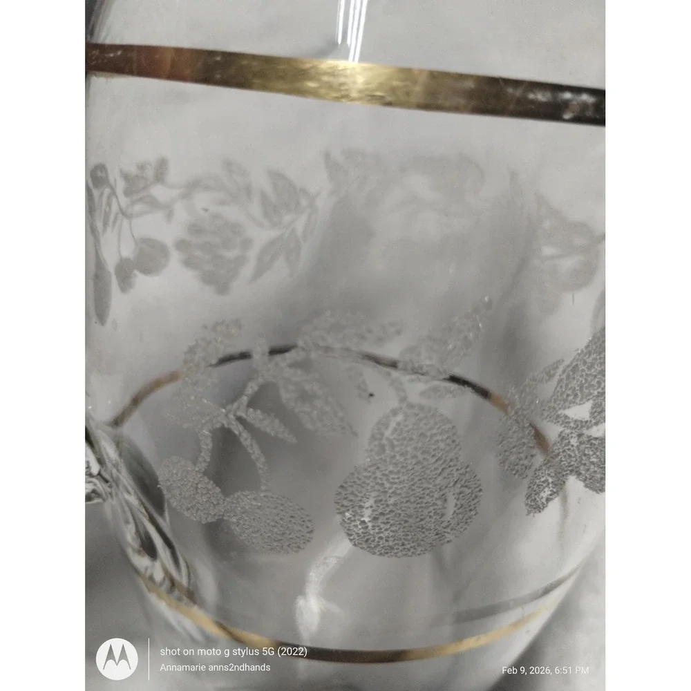 Mid Century Etched Glass Water Pitcher Gold Band Fruit Design‎